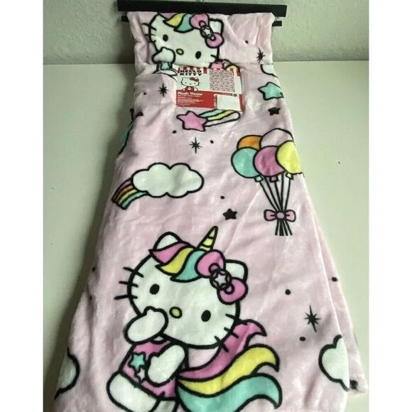 Hello Kitty Rainbow Unicorn Soft Plush Throw Blanket 50”x70” Cloud Balloons Pink - Picture 1 of 12